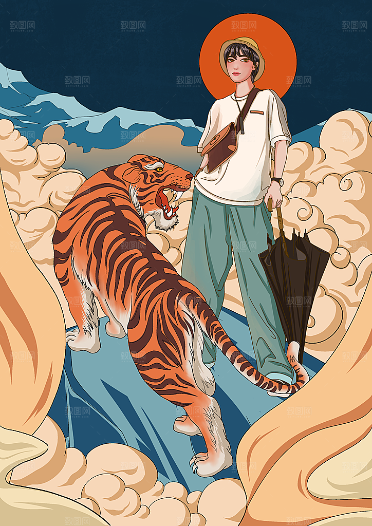 国潮风神兽潮流女孩插画海报