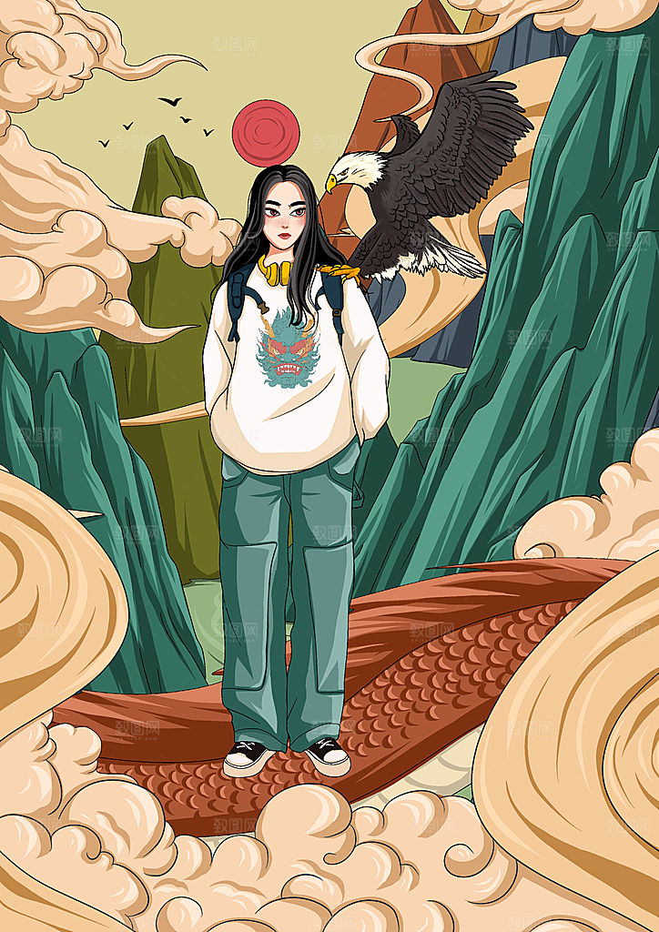 国潮风神兽潮流女孩插画海报