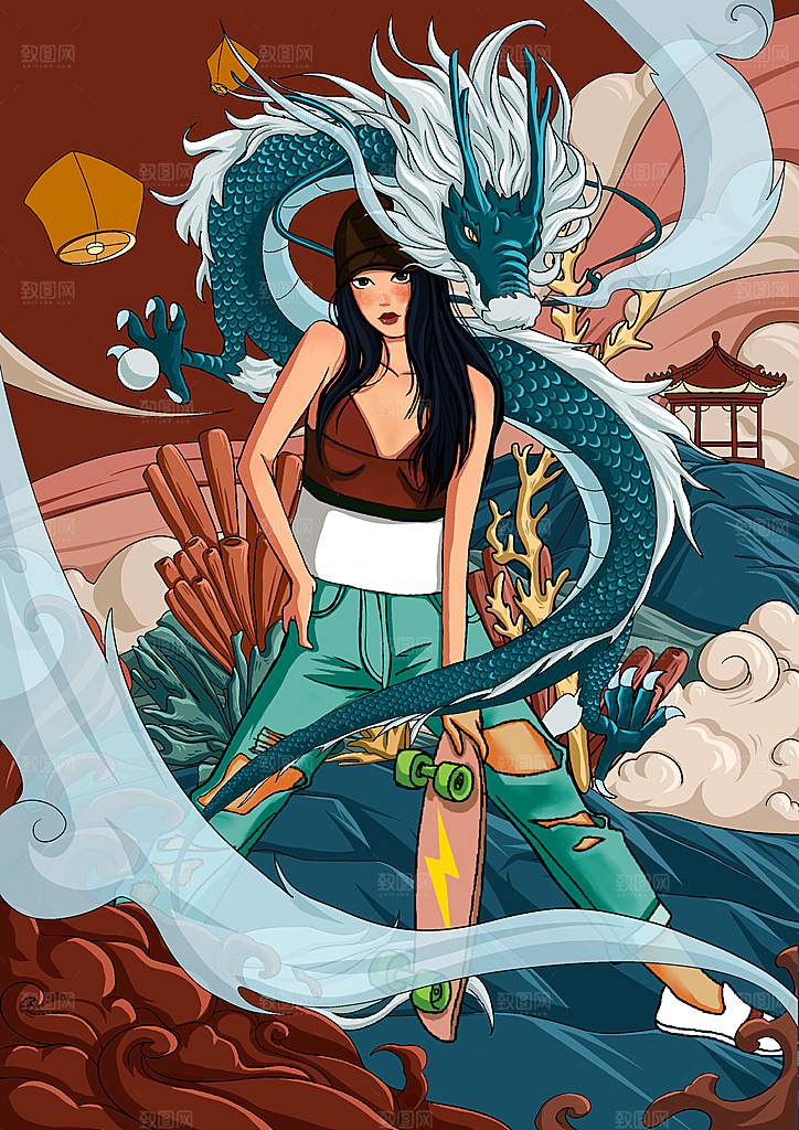 国潮风神兽潮流女孩插画海报