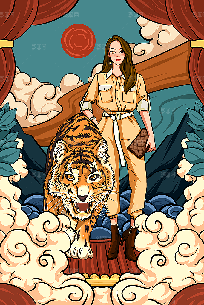 国潮风神兽潮流女孩插画海报