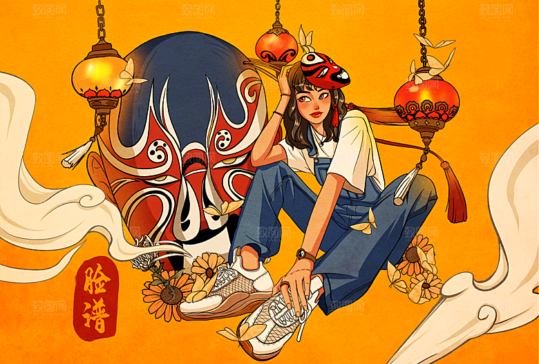 国潮风神兽潮流女孩插画海报