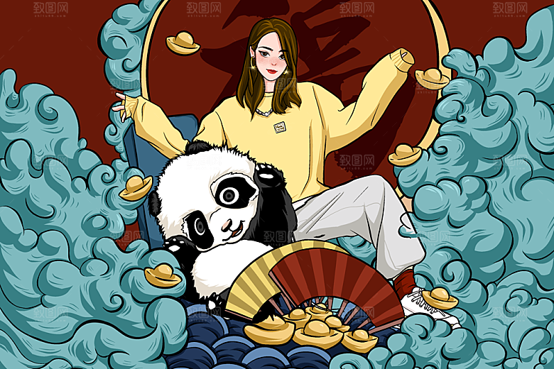 国潮风神兽潮流女孩插画海报