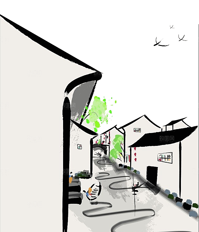 江南山水水墨徽派建筑房屋PNG素材