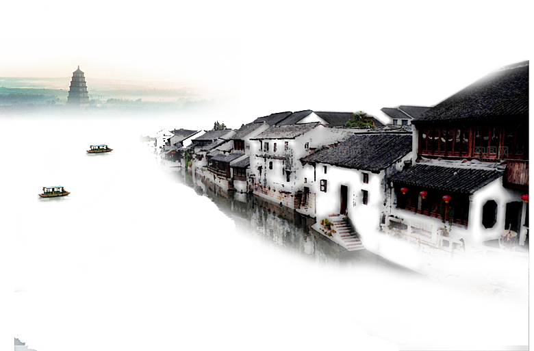江南山水水墨徽派建筑房屋PNG素材