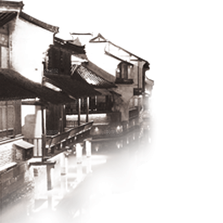 江南山水水墨徽派建筑房屋PNG素材