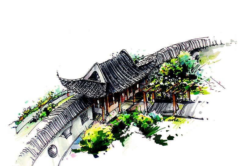 江南山水水墨徽派建筑房屋PNG素材