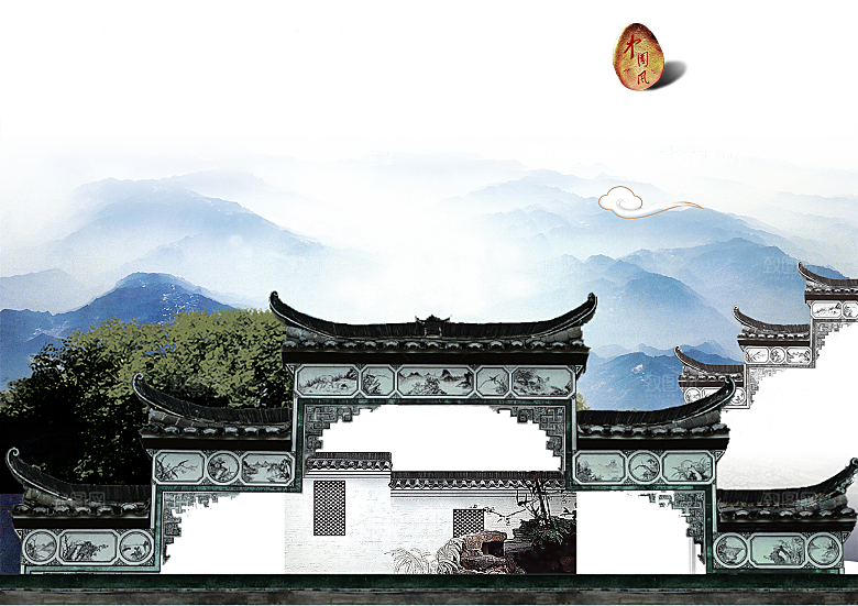 中国风徽派建筑免扣背景元素