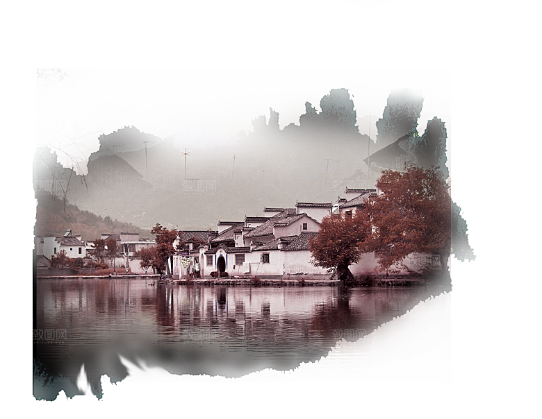江南山水水墨徽派建筑房屋PNG素材