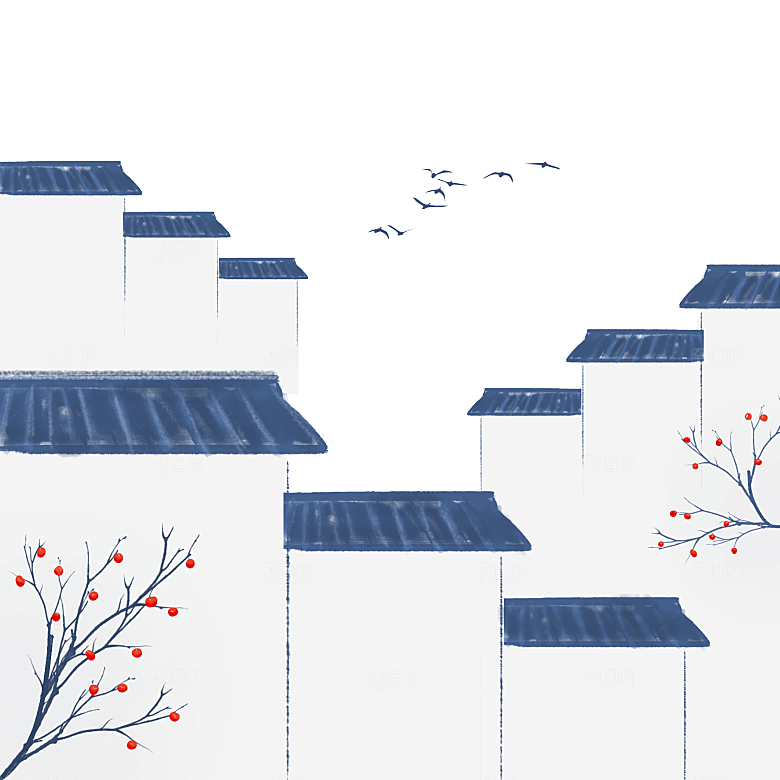 江南山水水墨徽派建筑房屋PNG素材