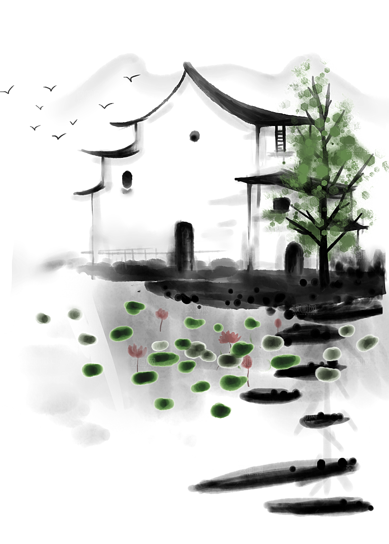 江南山水水墨徽派建筑房屋PNG素材