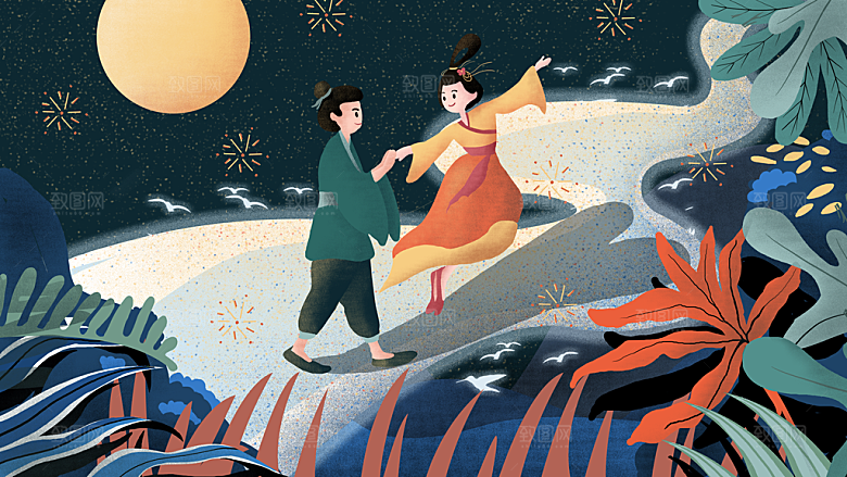 七夕情人节节日简约大气插画海报