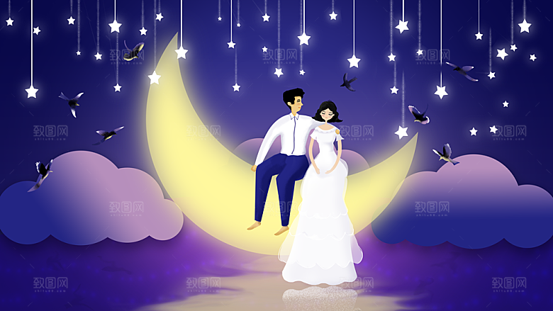 七夕情人节节日简约大气插画海报