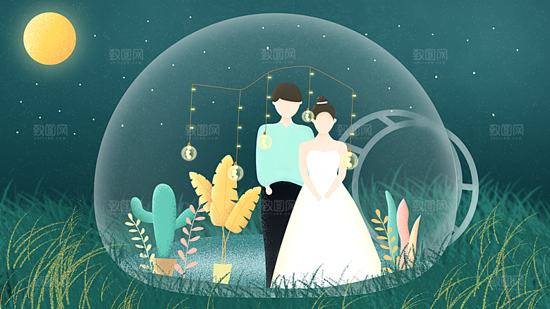 七夕情人节节日简约大气插画海报