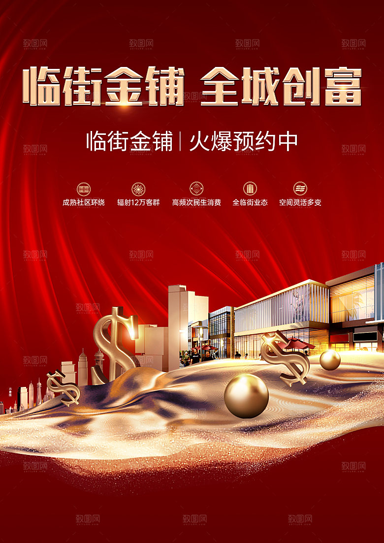 地产红色商业商铺单页海报
