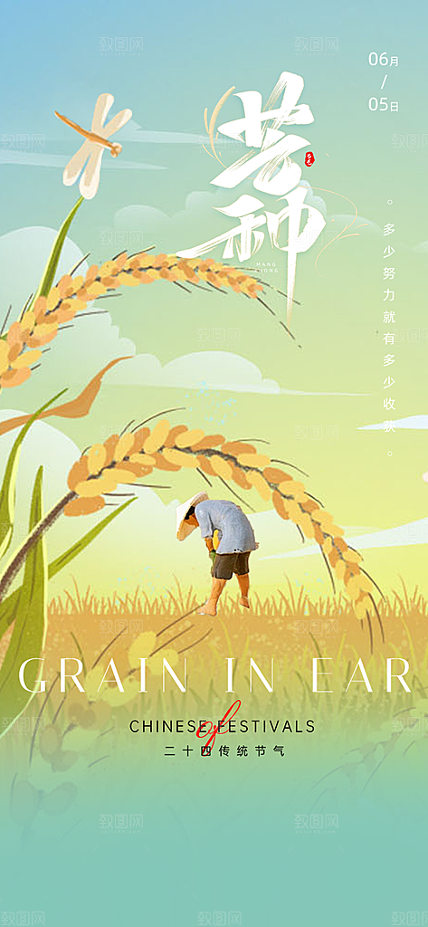 中国传统24节气芒种创意海报