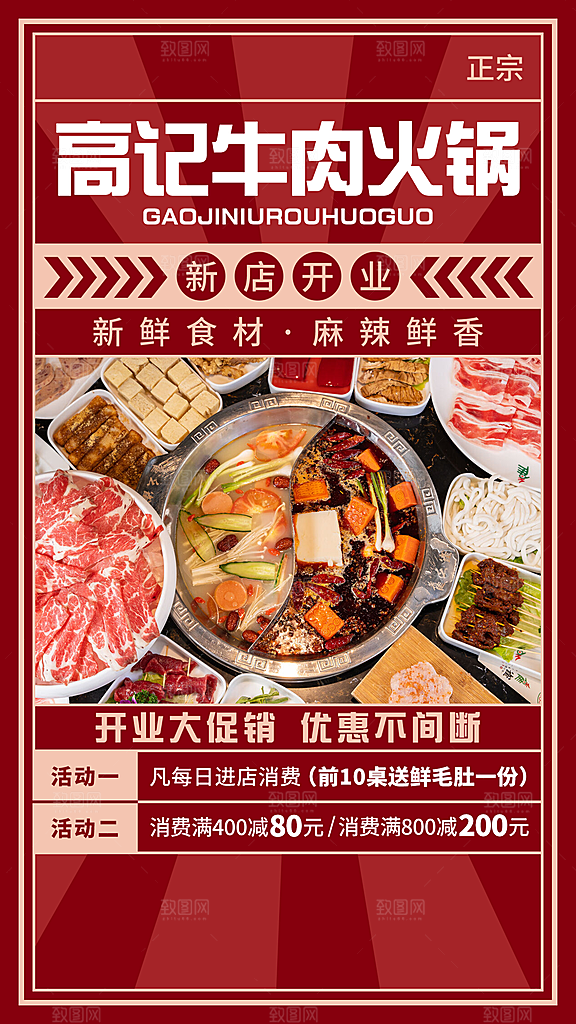 餐饮美食牛肉火锅新店开业手机海报
