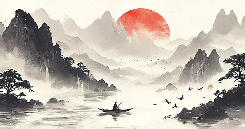 国风高级简约水墨山水画