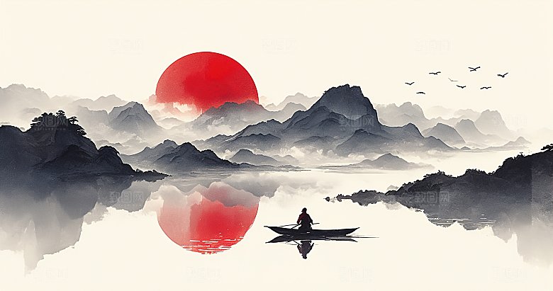 国风高级简约水墨山水画