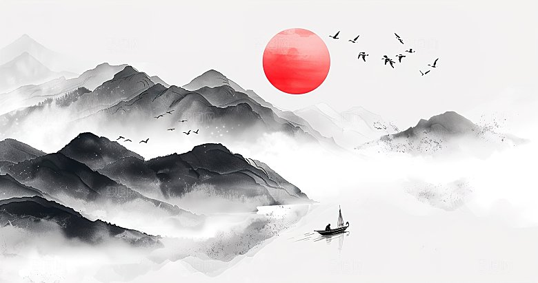 国风高级简约水墨山水画
