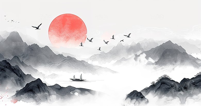 国风高级简约水墨山水画