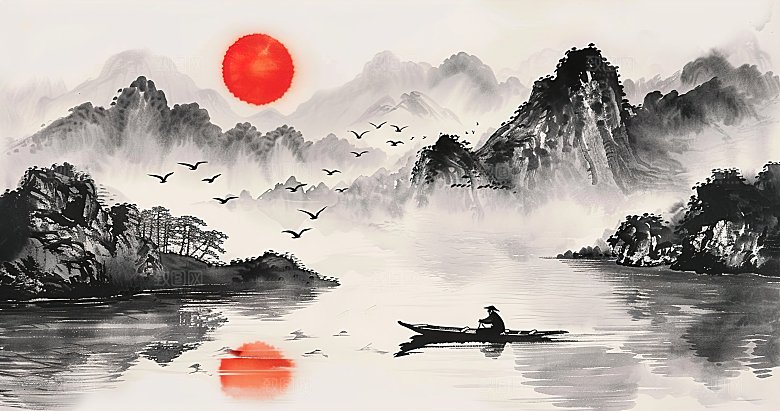 国风高级简约水墨山水画