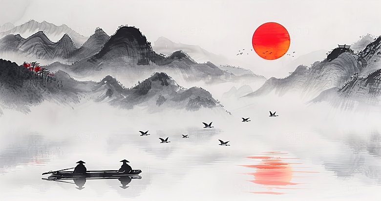 国风高级简约水墨山水画