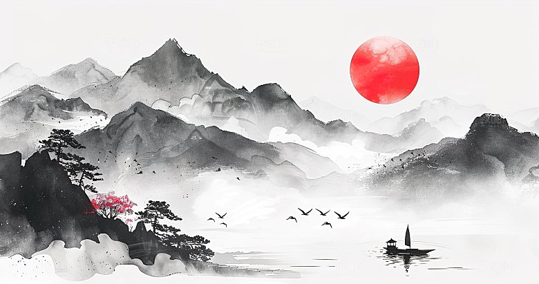 国风高级简约水墨山水画
