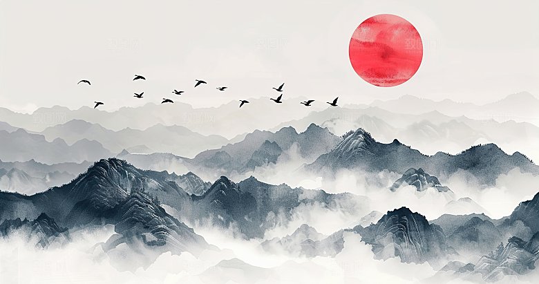 国风高级简约水墨山水画