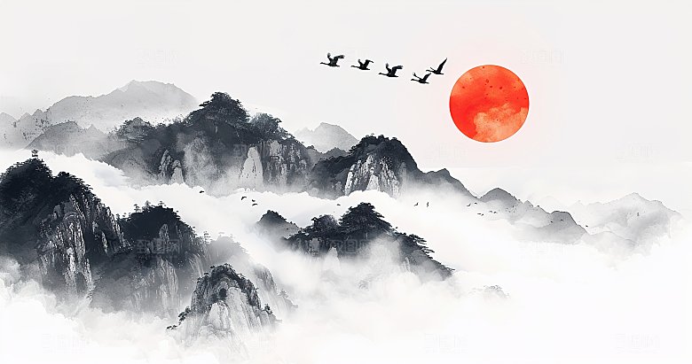 国风高级简约水墨山水画