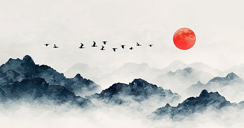 国风高级简约水墨山水画