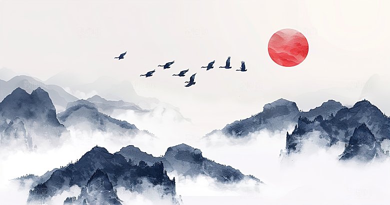 国风高级简约水墨山水画