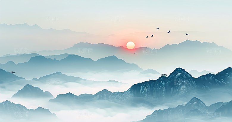 国风高级简约水墨山水画