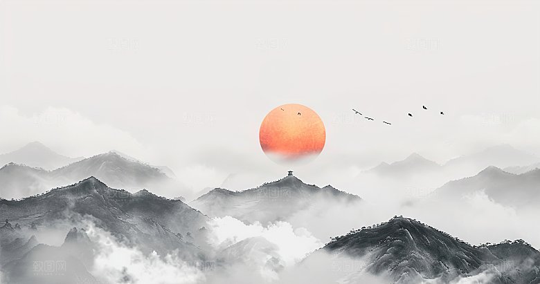 国风高级简约水墨山水画