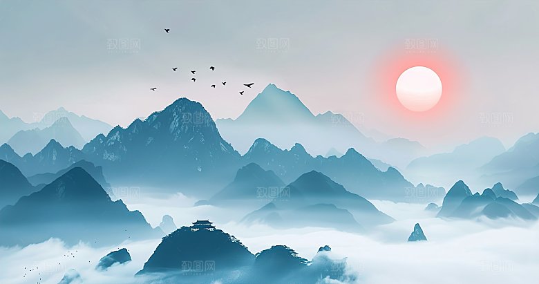 高级国风水墨简约山水画