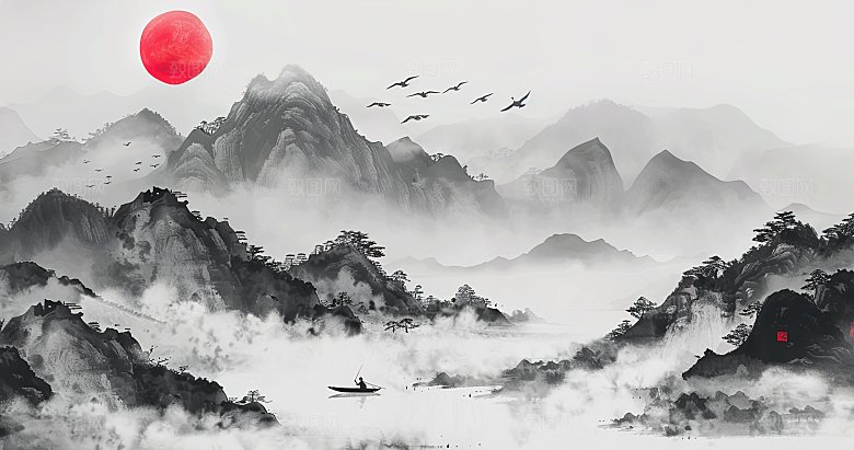 高级国风水墨简约山水画