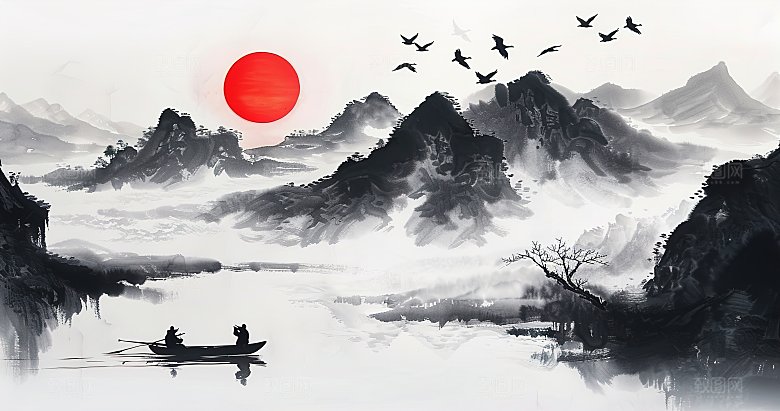 高级国风水墨简约山水画
