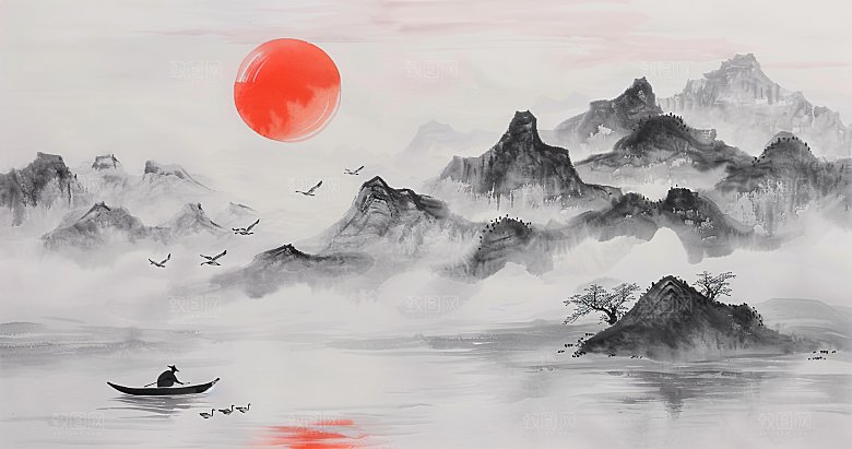 高级国风水墨简约山水画