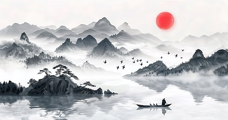 高级国风水墨简约山水画