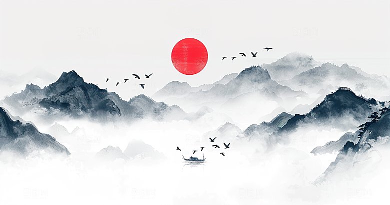 高级国风水墨简约山水画