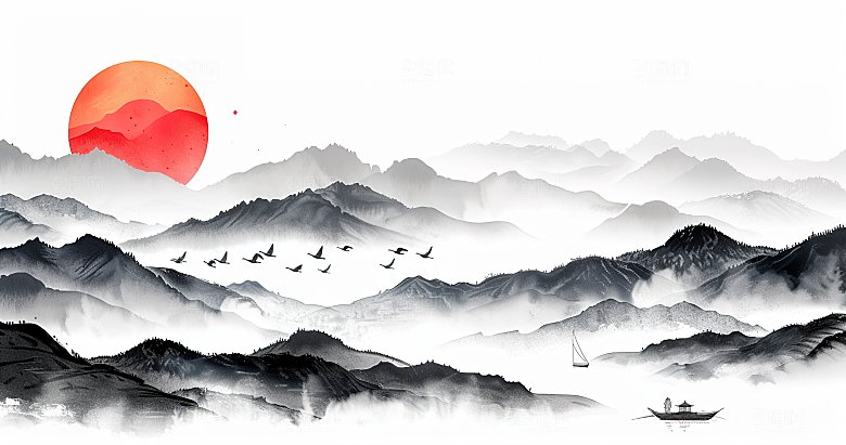 高级国风水墨简约山水画