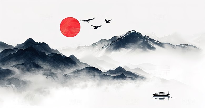 高级国风水墨简约山水画