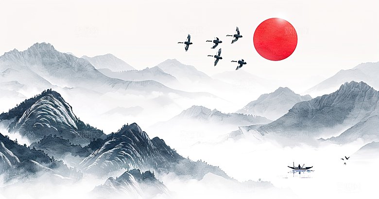 高级国风水墨简约山水画