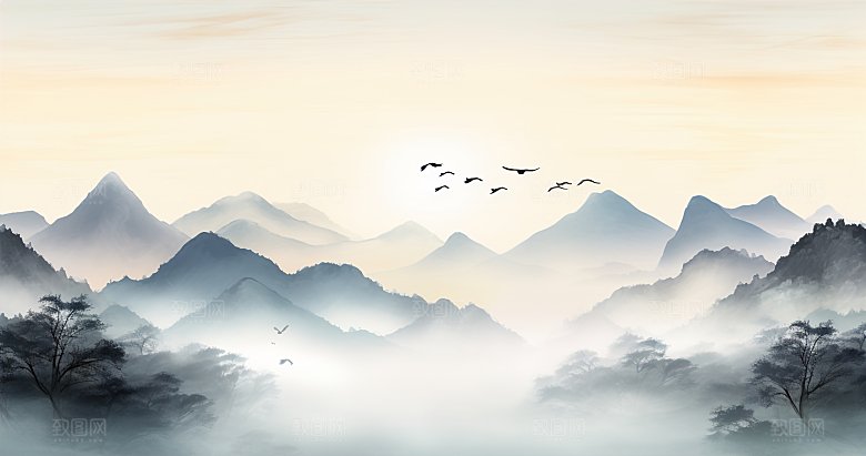 高级国风水墨简约山水画