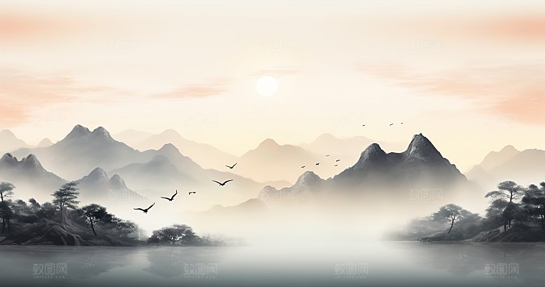 高级国风水墨简约山水画