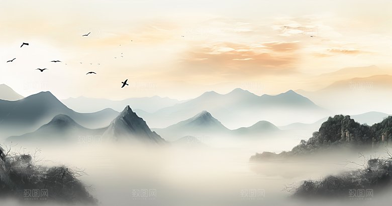 高级国风水墨简约山水画