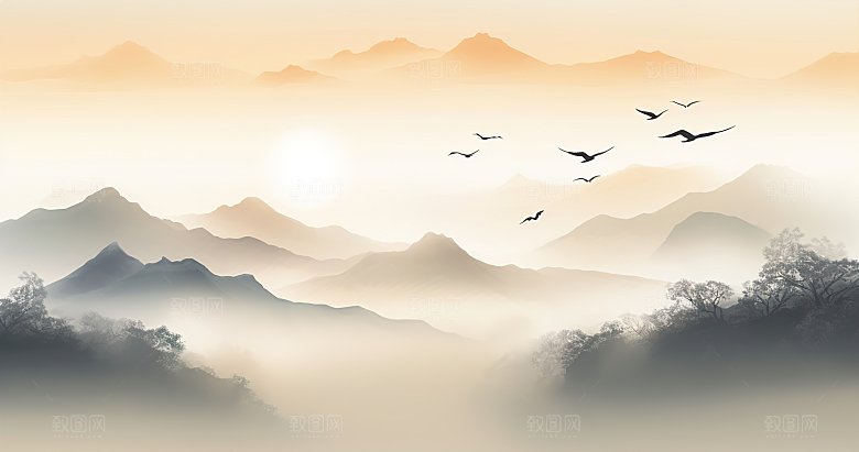 高级国风水墨简约山水画