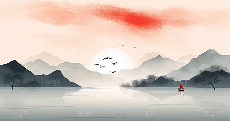 高级国风水墨简约山水画