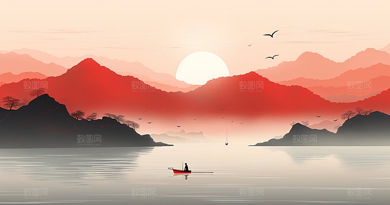 高级国风水墨简约山水画
