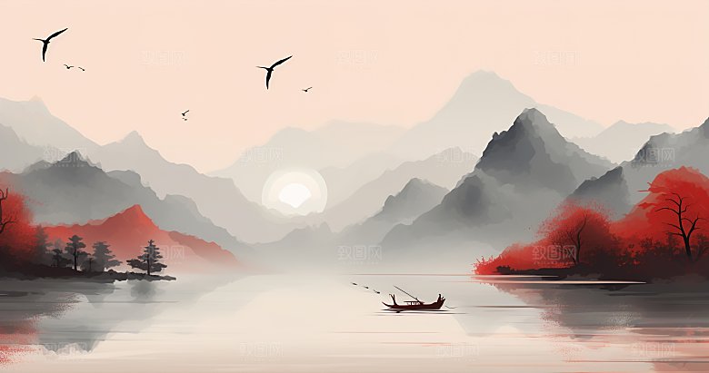 高级国风水墨简约山水画