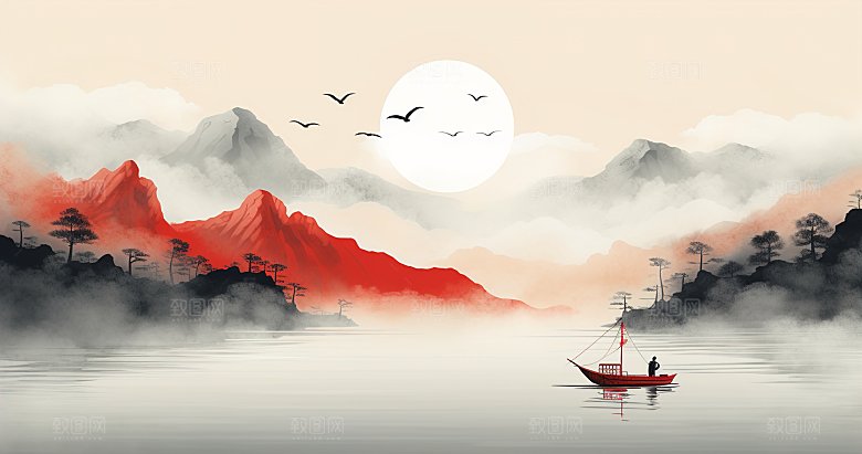 高级国风水墨简约山水画
